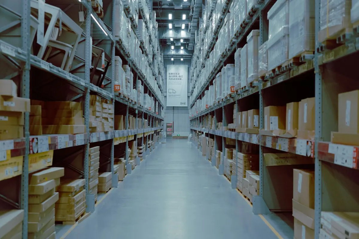 Logistiikkavaraston hyllykäytävä.
